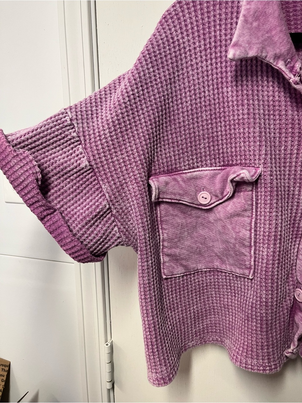 Bucket List Purple Mineral Wash Waffle Knit Oversized Button Up Shirt - Picture 3 of 5